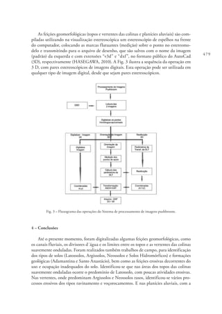 479
As feições geomorfológicas (topos e vertentes das colinas e planícies aluviais) são com-
piladas utilizando na visualização estereoscópica um estereoscópio de espelhos na frente
do computador, colocando as marcas flutuantes (medição) sobre o ponto no estereomo-
delo e transmitindo para o arquivo de desenho, que são salvos com o nome da imagem
(padrão) da esquerda e com extensões “v3d” e “dxf”, no formato público do AutoCad
(3D), respectivamente (HASEGAWA, 2010). A Fig. 3 ilustra a sequência da operação em
3 D, com pares estereoscópicos de imagens digitais. Esta operação pode ser utilizada em
qualquer tipo de imagem digital, desde que sejam pares estereoscópicos.
Fig. 3 – Fluxograma das operações do Sistema de processamento de imagens pushbroom.
4 – Conclusões
Até o presente momento, foram digitalizadas algumas feições geomorfológicas, como
os canais fluviais, os divisores d´água e os limites entre os topos e as vertentes das colinas
suavemente onduladas. Foram realizados também trabalhos de campo, para identificação
dos tipos de solos (Latossolos, Argissolos, Neossolos e Solos Hidromórficos) e formações
geológicas (Adamantina e Santo Anastácio), bem como as feições erosivas decorrentes do
uso e ocupação inadequados do solo. Identificou-se que nas áreas dos topos das colinas
suavemente onduladas ocorre o predominio de Latossolo, com poucas atividades erosivas.
Nas vertentes, onde predominam Argissolos e Neossolos rasos, identificou-se vários pro-
cessos erosivos dos tipos ravinamento e voçorocamentos. E nas planícies aluviais, com a
 