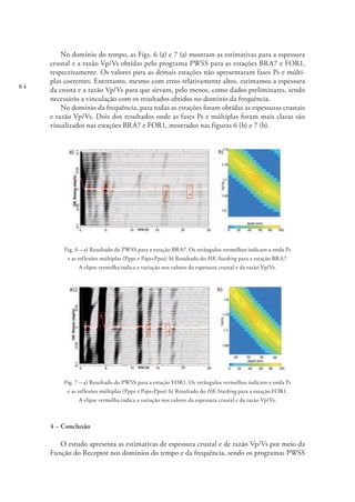 84
No domínio do tempo, as Figs. 6 (a) e 7 (a) mostram as estimativas para a espessura
crustal e a razão Vp/Vs obtidas pelo programa PWSS para as estações BRA7 e FOR1,
respectivamente. Os valores para as demais estações não apresentaram fases Ps e múlti-
plas coerentes. Entretanto, mesmo com erros relativamente altos, estimamos a espessura
da crosta e a razão Vp/Vs para que sirvam, pelo menos, como dados preliminares, sendo
necessário a vinculação com os resultados obtidos no domínio da frequência.
No domínio da frequência, para todas as estações foram obtidas as espessuras crustais
e razão Vp/Vs. Dois dos resultados onde as fases Ps e múltiplas foram mais claras são
visualizados nas estações BRA7 e FOR1, mostrados nas figuras 6 (b) e 7 (b).
Fig. 6 – a) Resultado do PWSS para a estação BRA7. Os retângulos vermelhos indicam a onda Ps
e as reflexões múltiplas (Ppps e Psps+Ppss); b) Resultado do HK-Stacking para a estação BRA7.
A elipse vermelha indica a variação nos valores da espessura crustal e da razão Vp/Vs.
Fig. 7 – a) Resultado do PWSS para a estação FOR1. Os retângulos vermelhos indicam a onda Ps
e as reflexões múltiplas (Ppps e Psps+Ppss); b) Resultado do HK-Stacking para a estação FOR1.
A elipse vermelha indica a variação nos valores da espessura crustal e da razão Vp/Vs.
4 – Conclusão
O estudo apresenta as estimativas de espessura crustal e de razão Vp/Vs por meio da
Função do Receptor nos domínios do tempo e da frequência, sendo os programas PWSS
 