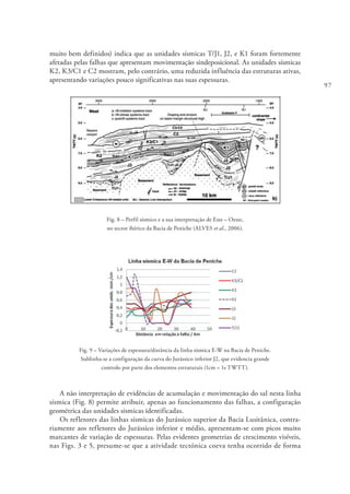 97
muito bem definidos) indica que as unidades sísmicas T/J1, J2, e K1 foram fortemente
afetadas pelas falhas que apresentam movimentação sindeposicional. As unidades sísmicas
K2, K3/C1 e C2 mostram, pelo contrário, uma reduzida influência das estruturas ativas,
apresentando variações pouco significativas nas suas espessuras.
Fig. 8 – Perfil sísmico e a sua interpretação de Este – Oeste,
no sector ibérico da Bacia de Peniche (ALVES et al., 2006).
Fig. 9 – Variações de espessura/distância da linha sísmica E-W na Bacia de Peniche.
Sublinha-se a configuração da curva do Jurássico inferior J2, que evidencia grande
controlo por parte dos elementos estruturais (1cm = 1s TWTT).
A não interpretação de evidências de acumulação e movimentação do sal nesta linha
sísmica (Fig. 8) permite atribuir, apenas ao funcionamento das falhas, a configuração
geométrica das unidades sísmicas identificadas.
Os refletores das linhas sísmicas do Jurássico superior da Bacia Lusitânica, contra-
riamente aos refletores do Jurássico inferior e médio, apresentam-se com picos muito
marcantes de variação de espessuras. Pelas evidentes geometrias de crescimento visíveis,
nas Figs. 3 e 5, presume-se que a atividade tectónica coeva tenha ocorrido de forma
 