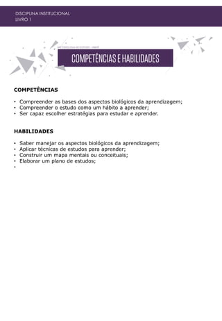 COMPETÊNCIAS
• Compreender as bases dos aspectos biológicos da aprendizagem;
• Compreender o estudo como um hábito a aprender;
• Ser capaz escolher estratégias para estudar e aprender.
HABILIDADES
• Saber manejar os aspectos biológicos da aprendizagem;
• Aplicar técnicas de estudos para aprender;
• Construir um mapa mentais ou conceituais;
• Elaborar um plano de estudos;
•
DISCIPLINA INSTITUCIONAL
LIVRO 1
 