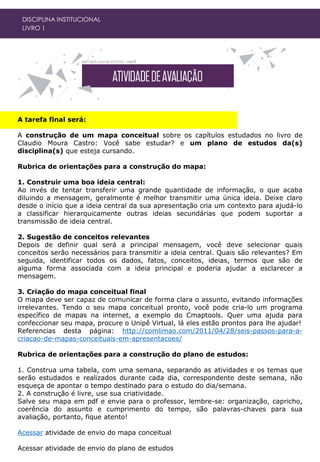 DISCIPLINA INSTITUCIONAL
LIVRO 1
A tarefa final será:
A construção de um mapa conceitual sobre os capítulos estudados no livro de
Claudio Moura Castro: Você sabe estudar? e um plano de estudos da(s)
disciplina(s) que esteja cursando.
Rubrica de orientações para a construção do mapa:
1. Construir uma boa ideia central:
Ao invés de tentar transferir uma grande quantidade de informação, o que acaba
diluindo a mensagem, geralmente é melhor transmitir uma única ideia. Deixe claro
desde o início que a ideia central da sua apresentação cria um contexto para ajudá-lo
a classificar hierarquicamente outras ideias secundárias que podem suportar a
transmissão de ideia central.
2. Sugestão de conceitos relevantes
Depois de definir qual será a principal mensagem, você deve selecionar quais
conceitos serão necessários para transmitir a ideia central. Quais são relevantes? Em
seguida, identificar todos os dados, fatos, conceitos, ideias, termos que são de
alguma forma associada com a ideia principal e poderia ajudar a esclarecer a
mensagem.
3. Criação do mapa conceitual final
O mapa deve ser capaz de comunicar de forma clara o assunto, evitando informações
irrelevantes. Tendo o seu mapa conceitual pronto, você pode cria-lo um programa
específico de mapas na internet, a exemplo do Cmaptools. Quer uma ajuda para
confeccionar seu mapa, procure o Unipê Virtual, lá eles estão prontos para lhe ajudar!
Referencias desta página: http://comlimao.com/2011/04/28/seis-passos-para-a-
criacao-de-mapas-conceituais-em-apresentacoes/
Rubrica de orientações para a construção do plano de estudos:
1. Construa uma tabela, com uma semana, separando as atividades e os temas que
serão estudados e realizados durante cada dia, correspondente deste semana, não
esqueça de apontar o tempo destinado para o estudo do dia/semana.
2. A construção é livre, use sua criatividade.
Salve seu mapa em pdf e envie para o professor, lembre-se: organização, capricho,
coerência do assunto e cumprimento do tempo, são palavras-chaves para sua
avaliação, portanto, fique atento!
Acessar atividade de envio do mapa conceitual
Acessar atividade de envio do plano de estudos
 