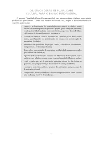 OBJETIVOS GERAIS DE PLURALIDADE
                 CULTURAL PARA O ENSINO FUNDAMENTAL
      O tema da Pluralidade Cultural busca contribuir para a construção da cidadania na sociedade
pluriétnica e pluricultural. Tendo esse objetivo maior em vista, propõe o desenvolvimento das
seguintes capacidades:
           •   conhecer a diversidade do patrimônio etno-cultural brasileiro, tendo
               atitude de respeito para com pessoas e grupos que a compõem, reconhe-
               cendo a diversidade cultural como um direito dos povos e dos indivíduos
               e elemento de fortalecimento da democracia;
           •   valorizar as diversas culturas presentes na constituição do Brasil como
               nação, reconhecendo sua contribuição no processo de constituição da
               identidade brasileira;
           •   reconhecer as qualidades da própria cultura, valorando-as criticamente,
               enriquecendo a vivência de cidadania;
           •   desenvolver uma atitude de empatia e solidariedade para com aqueles
               que sofrem discriminação;
           •   repudiar toda discriminação baseada em diferenças de raça/etnia, classe
               social, crença religiosa, sexo e outras características individuais ou sociais;
           •   exigir respeito para si, denunciando qualquer atitude de discriminação
               que sofra, ou qualquer violação dos direitos de criança e cidadão;
           •   valorizar o convívio pacífico e criativo dos diferentes componentes da
               diversidade cultural;
           •   compreender a desigualdade social como um problema de todos e como
               uma realidade passível de mudanças.




                                                   43
 