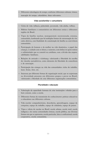 •   Diferentes abordagens do tempo, conforme diferentes culturas: ritmos,
    marcação do tempo, calendários, datas relevantes.

                     Vida sociofamiliar e comunitária

•   Ciclos de vida: infância, puberdade, juventude, vida adulta, velhice.

•   Hábitos familiares e comunitários em diferentes etnias e diferentes
    regiões do Brasil.

•   Tipos de família: nuclear, monoparental, reestruturada, extensa,
    comunitária, lembrando que há múltiplas formas de estruturação de vín-
    culos afetivos, com finalidade de constituição de família ou convivência
    comunitária.

•   Participação do homem e da mulher na vida doméstica, o papel das
    crianças, o cuidado com os idosos, o sustento, com ênfase no apoio mútuo
    e solidariedade que se constrói no cotidiano, com a divisão das respon-
    sabilidades familiares.

•   Relações de amizade e vizinhança, valorizando a liberdade de escolha
    de vínculos socioafetivos, como elemento de liberdade de consciência
    e de associação.

•   Participação das crianças na vida das comunidades: ciclos de trabalho,
    lazer, festas, ritos, etc.

•   Interesse por diferente formas de organização social, que se expressam
    na diversidade presente em diferentes grupos e povos no Brasil,
    valorizando a liberdade de criar diferentes organizações comunitárias.


                          Pluralidade e educação


•   Valorização da capacidade humana de criar instituições voltadas para o
    bem comum, como a escola.

•   Diferentes formas de transmissão de conhecimento: práticas educativas
    e educadores nas diferentes culturas.

•   Vida escolar: companheirismo, descoberta, aprendizagem, espaço de
    conquista, espaço de trabalho, espaço de cidadania, espaço de prazer.

•   Tipos e oferta de escolas no Brasil: escola urbana, escola rural, escola
    indígena e de outras comunidades étnicas, escola pública, nas diversas
    formas em que se apresenta, escola particular, laica e confessional, escola
    cooperativa, escola comunitária.




                                      50
 