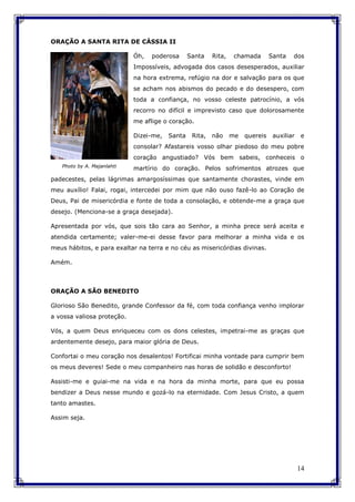 14
ORAÇÃO A SANTA RITA DE CÁSSIA II
Óh, poderosa Santa Rita, chamada Santa dos
Impossíveis, advogada dos casos desesperados, auxiliar
na hora extrema, refúgio na dor e salvação para os que
se acham nos abismos do pecado e do desespero, com
toda a confiança, no vosso celeste patrocínio, a vós
recorro no difícil e imprevisto caso que dolorosamente
me aflige o coração.
Dizei-me, Santa Rita, não me quereis auxiliar e
consolar? Afastareis vosso olhar piedoso do meu pobre
coração angustiado? Vós bem sabeis, conheceis o
martírio do coração. Pelos sofrimentos atrozes que
padecestes, pelas lágrimas amargosíssimas que santamente chorastes, vinde em
meu auxílio! Falai, rogai, intercedei por mim que não ouso fazê-lo ao Coração de
Deus, Pai de misericórdia e fonte de toda a consolação, e obtende-me a graça que
desejo. (Menciona-se a graça desejada).
Apresentada por vós, que sois tão cara ao Senhor, a minha prece será aceita e
atendida certamente; valer-me-ei desse favor para melhorar a minha vida e os
meus hábitos, e para exaltar na terra e no céu as misericórdias divinas.
Amém.
ORAÇÃO A SÃO BENEDITO
Glorioso São Benedito, grande Confessor da fé, com toda confiança venho implorar
a vossa valiosa proteção.
Vós, a quem Deus enriqueceu com os dons celestes, impetrai-me as graças que
ardentemente desejo, para maior glória de Deus.
Confortai o meu coração nos desalentos! Fortificai minha vontade para cumprir bem
os meus deveres! Sede o meu companheiro nas horas de solidão e desconforto!
Assisti-me e guiai-me na vida e na hora da minha morte, para que eu possa
bendizer a Deus nesse mundo e gozá-lo na eternidade. Com Jesus Cristo, a quem
tanto amastes.
Assim seja.
Photo by A. Majanlahti
 