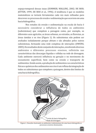 Figura 1. Desenho ilustrando os ambientes (subsistemas) de uma bacia hidrográfica e
processos erosivos dominantes.
espaço-temporal dessas taxas (SUMMER; WALLING, 2002; DE ROO;
JETTEN, 1999, DE ROO et al., 1996). A tendência é que os modelos
matemáticos se tornem ferramentas cada vez mais refinadas para
descrever os processos de erosão e sedimentação que ocorrem em uma
baciahidrográfica.
Nos estudos da erosão e sedimentação na escala de bacia é
necessário considerar a influência de todos os ambientes
(subsistemas) que compõem a paisagem como, por exemplo, os
diferentes usos agrícolas, as áreas urbanas, as estradas, as florestas, as
áreas úmidas e os rios (Figura 1). Os subsistemas não podem ser
avaliados isoladamente porque afetam e são afetados pelos outros
subsistemas, formando uma rede complexa de interações (OWENS,
2005).Osresultadosdesteconjuntodeinterações,envolvendodiversos
ambientes e diferentes processos erosivos, refletirão nas
características das descargas líquidas e sólidas na rede de drenagem.
Cada ambiente exercerá influência na geração e no movimento do
escoamento superficial, bem como na erosão e transporte de
sedimentos.Sendoassim,aproduçãodesedimentoseascaracterísticas
físicasequímicasdossedimentosnosrioséumreflexodaintegraçãode
todos os subsistemas que compõem a paisagem, dentro dos limites de
umabaciahidrográfica.
109
 
