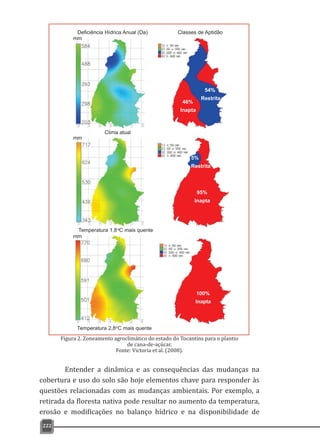 222
Figura 2. Zoneamento agroclimático do estado do Tocantins para o plantio
de cana-de-açúcar.
Fonte: Victoria et al. (2008).
Entender a dinâmica e as consequências das mudanças na
cobertura e uso do solo são hoje elementos chave para responder às
questões relacionadas com as mudanças ambientais. Por exemplo, a
retirada da floresta nativa pode resultar no aumento da temperatura,
erosão e modificações no balanço hídrico e na disponibilidade de
 