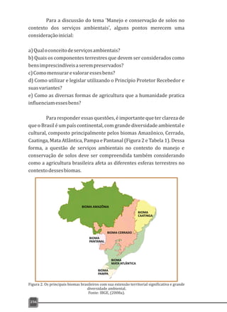 BIOMA AMAZÔNIA
BIOMA
CAATINGA
BIOMA
PANTANAL
BIOMA
MATA ATLÂNTICA
BIOMA
PAMPA
BIOMA CERRADO
Para a discussão do tema 'Manejo e conservação de solos no
contexto dos serviços ambientais', alguns pontos merecem uma
consideraçãoinicial:
a)Qualoconceitodeserviçosambientais?
b) Quais os componentes terrestres que devem ser considerados como
bensimprescindíveisaserempreservados?
c)Comomensurarevaloraressesbens?
d) Como utilizar e legislar utilizando o Princípio Protetor Recebedor e
suasvariantes?
e) Como as diversas formas de agricultura que a humanidade pratica
influenciamessesbens?
Para responder essas questões, é importante que ter clareza de
que o Brasil é um país continental, com grande diversidade ambiental e
cultural, composto principalmente pelos biomas Amazônico, Cerrado,
Caatinga, Mata Atlântica, Pampa e Pantanal (Figura 2 e Tabela 1). Dessa
forma, a questão de serviços ambientais no contexto do manejo e
conservação de solos deve ser compreendida também considerando
como a agricultura brasileira afeta as diferentes esferas terrestres no
contextodessesbiomas.
256
Figura 2. Os principais biomas brasileiros com sua extensão territorial significativa e grande
diversidade ambiental.
Fonte: IBGE, (2008a).
 