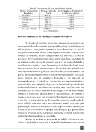 Biomas Continentais
Brasileiros
Área Aproximada
(km2)
Participação na área total do
território brasileiro
Amazônia 4.196.943 49,29 %
Cerrado 2.036.448 23,92 %
Mata Atlântica 1.110.182 13,04 %
Caatinga 844.453 9,92 %
Pampa 176.496 2,07 %
Pantanal 150.355 1,76 %
Área total – Brasil 8.514.877 100,00 %
ServiçosambientaiseoPrincípioProtetor-Recebedor
O conceito de serviços ambientais apareceu no momento em
que a sociedade se deu conta de que alguns bens imprescindíveis para a
vida no planeta começavam a apresentar sinais de escassez ou risco de
desaparecimento, com efeitos sobre a qualidade de vida humana que,
levados ao extremo, podem comprometer sua existência. Dados de
pesquisas diversas indicaram que bens como água doce e qualidade do
ar corriam sérios riscos de alcançar um nível de disponibilidade e
qualidade incompatível com a demanda da sociedade. No Brasil, esses
bensambientaisforamalvodeinúmerasdiscussõesapartirdoinícioda
década de 80 do século passado, sendo bandeira de luta inserida nas
pautas de reivindicações de muitos movimentos ecológicos e sociais, os
quais exigiam que as atividades humanas e, em especial, os
empreendimentos econômicos, precisavam ser regulamentados e
normatizados, com o objetivo de preservação da qualidade ambiental.
O desenvolvimento científico e os estudos mais aprofundados nas
diversas áreas da ciência permitiram que a legislação, em nível federal,
estadual e municipal, aprofundasse a implementação de normas e
regras comportamentais e de procedimentos técnicos que garantissem
o uso dos recursos naturais de forma mais sustentável. A chegada do
novo milênio veio associando uma demanda social, crescente pela
preocupação ambiental à consolidação da capacidade das instituições
nacionais de desenvolver e agregar metodologias que permitissem
mensurar e valorar, numa margem de confiança aceitável, alguns bens
ambientaisdemandadospelasociedade.
Apesar de muitos segmentos da sociedade entenderem que,
dada a complexidade ambiental e dependência dos recursos naturais
257
Tabela 1. Características dos principais biomas brasileiros.
Fonte: IBGE (2008a).
 