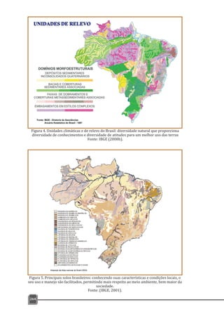 264
Figura 4. Unidades climáticas e de relevo do Brasil: diversidade natural que proporciona
diversidade de conhecimentos e diversidade de atitudes para um melhor uso das terras
Fonte: IBGE (2008b).
Figura 5. Principais solos brasileiros: conhecendo suas características e condições locais, o
seu uso e manejo são facilitados, permitindo mais respeito ao meio ambiente, bem maior da
sociedade.
Fonte: (IBGE, 2001).
 