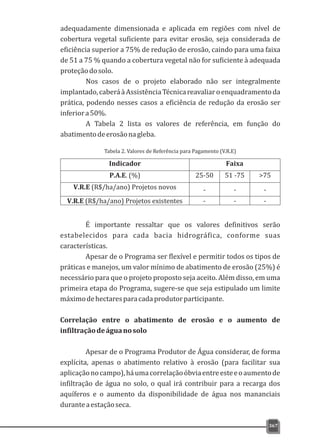 É importante ressaltar que os valores definitivos serão
estabelecidos para cada bacia hidrográfica, conforme suas
características.
Apesar de o Programa ser flexível e permitir todos os tipos de
práticas e manejos, um valor mínimo de abatimento de erosão (25%) é
necessário para que o projeto proposto seja aceito. Além disso, em uma
primeira etapa do Programa, sugere-se que seja estipulado um limite
máximodehectaresparacadaprodutorparticipante.
Correlação entre o abatimento de erosão e o aumento de
infiltraçãodeáguanosolo
Apesar de o Programa Produtor de Água considerar, de forma
explícita, apenas o abatimento relativo à erosão (para facilitar sua
aplicaçãonocampo),háumacorrelaçãoóbviaentreesteeoaumentode
infiltração de água no solo, o qual irá contribuir para a recarga dos
aquíferos e o aumento da disponibilidade de água nos mananciais
duranteaestaçãoseca.
367
adequadamente dimensionada e aplicada em regiões com nível de
cobertura vegetal suficiente para evitar erosão, seja considerada de
eficiência superior a 75% de redução de erosão, caindo para uma faixa
de 51 a 75 % quando a cobertura vegetal não for suficiente à adequada
proteçãodosolo.
Nos casos de o projeto elaborado não ser integralmente
implantado,caberáàAssistênciaTécnicareavaliaroenquadramentoda
prática, podendo nesses casos a eficiência de redução da erosão ser
inferiora50%.
A Tabela 2 lista os valores de referência, em função do
abatimentodeerosãonagleba.
Tabela 2. Valores de Referência para Pagamento (V.R.E)
 