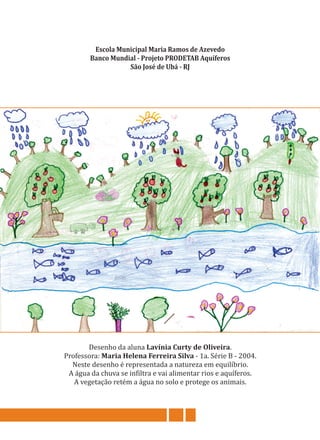 Escola Municipal Maria Ramos de Azevedo
Banco Mundial - Projeto PRODETAB Aquíferos
São José de Ubá - RJ
Desenho da aluna Lavínia Curty de Oliveira.
Professora: Maria Helena Ferreira Silva - 1a. Série B - 2004.
Neste desenho é representada a natureza em equilíbrio.
A água da chuva se infiltra e vai alimentar rios e aquíferos.
A vegetação retém a água no solo e protege os animais.
 