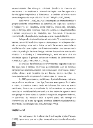 466
aproveitamento das sinergias coletivas, fortalece as chances de
sobrevivência e crescimento, constituindo importante fonte geradora
de vantagens competitivas e duradouras e também os processos de
aprendizagemcoletiva(CASSIOLATO;LASTRES;SZAPIRO,2000).
Para Porter (1998), os APL's são companhias interconectadas e
geograficamente concentradas de determinado segmento, incluindo
fornecedores de insumos, componentes, máquinas, serviços,
fornecedoresdeinfra-estruturaetambéminstituiçõesgovernamentais
e outras associações de negócios, que fomentam treinamento
especializado,educação,informação,pesquisaesuportetécnico.
Independente da definição, o importante “é reconhecer que a
base de competitividade das empresas, em qualquer arranjo produtivo,
não se restringe a um setor único, estando fortemente associada às
atividades e às capacitações nos diferentes níveis e continuamente da
cadeia de produção. Incluem design, controle de qualidade e atividades
relativas a marketing e à comercialização, além de uma série de
atividades ligadas à geração, aquisição e difusão de conhecimentos”
(CASSIOLATO;LASTRES;MACIEL,2003).
Osarranjos favorecemodesenvolvimentoeoaperfeiçoamento
das pequenas e médias empresas, possibilitando que as mesmas
participem do mercado, mesmo competindo com empresas de maior
porte, desde que funcionem de forma complementar e,
consequentemente,vençamasdesvantagensdeserpequeno.
Os APL's promovem as habilidades dos trabalhadores e atraem
compradores, ampliam e criam ligações entre as empresas dentro dos
arranjos, promovem intensa troca de informações entre os atores
envolvidos, favorecem a existência de infraestrutura de suporte e
consolidam uma identidade sociocultural. Por exemplo, a produção de
hortigranjeiros e em especial a produção orgânica, em grande maioria,
se concentra no mercado local e opera como um arranjo de
sobrevivência de micro e pequena empresa, conforme características
descritasnaclassificaçãofeitaporAlterburg(1999).
Capital social
Um outro conceito fundamental é o de capital social. Putnam
(2000) comprovou que as regiões economicamente mais adiantadas
 