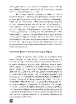 cerrado, mas também possibilitaram o domínio do conhecimento do
uso e manejo desses solos, tornando o Brasil Central um dos maiores
celeirosdeproduçãodegrãosdomundo.
No presente momento praticamente todos os Estados
brasileiros dispõem de informações relativas às suas principais classes
de solos, ao nível de levantamento de reconhecimento exploratório.
Este acervo, que reúne mais de 1.500 descrições morfológicas de perfis
padrões representativos das classes de solos brasileiros,
acompanhadas de número superior a duzentas mil análises físicas,
químicas e mineralógicas, é um dos maiores do mundo e certamente o
maior no que se refere a solos tropicais. Nestes levantamentos estão
contidas todas as características morfológicas, físicas, químicas, físico-
químicas, mineralógicas e biológicas dos solos, além de importantes
informações relativas ao seu material de origem, cobertura vegetal e de
relevo local e regional que, devidamente interpretadas em suas
relações, definem e diferenciam suas principais fraquezas e fortalezas,
àsdiferentesocupações.
Importânciadoacervodeconhecimentospedológicos
A Tabela 1 apresenta como exemplo da importância deste
acervo científico algumas destas características presentes nos
horizontes principais A e B de importantes classes de solos brasileiros.
Os perfis selecionados P1-LUVISSOLOS CRÔMICOS Órticos típicos
(GUIA..., 2000); P2 - CHERNOSSOLOS EBÃNICOS Órticos vertissolicos
(GUIA..., 2000); P3 - PLANOSSOLOS HÁPLICOS Eutróficos solódicos
(REUNIÃO DE CLASSIFICAÇÃO, CORRELAÇÃO E INTERPRETAÇÃO DE
APTIDÃO AGRÍCOLA DE SOLOS, 1978); P4 - ARGISSOLOS VERMELHOS
Distróficos abrupticos (REUNIÃO DE CLASSIFICAÇÃO, CORRELAÇÃO E
INTERPRETAÇÃO DE APTIDÃO AGRÍCOLA DE SOLOS, 1983); P5 -
NITOSSOLOS HÁPLICOS Distróficos típicos (GONÇALVES, 1986); P6 -
LATOSSOLOS VERMELHO-AMARELOS Ácricos típicos (CAVALCANTI,
1977); P7 - LATOSSOLOS VERMELHOS Perférricos húmicos (BRASIL,
1983)sãopadrõesdefinidospelacomunidadepedológicaquetipificam
no quarto nível categórico do nosso sistema de classificação, classes de
solos de alta expressão geográfica e de elevada importância no
processoprodutivoalimentar.
86
 
