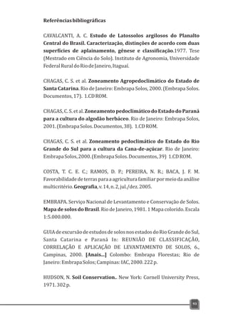 93
Referênciasbibliográficas
CAVALCANTI, A. C. Estudo de Latossolos argilosos do Planalto
Central do Brasil. Caracterização, distinções de acordo com duas
superfícies de aplainamento, gênese e classificação.1977. Tese
(Mestrado em Ciência do Solo). Instituto de Agronomia, Universidade
FederalRuraldoRiodeJaneiro,Itaguaí.
CHAGAS, C. S. et al. Zoneamento Agropedoclimático do Estado de
Santa Catarina. Rio de Janeiro: Embrapa Solos, 2000. (Embrapa Solos.
Documentos,17). 1.CDROM.
CHAGAS, C. S. et al. Zoneamento pedoclimático do Estado do Paraná
para a cultura do algodão herbáceo. Rio de Janeiro: Embrapa Solos,
2001.(EmbrapaSolos.Documentos,38). 1.CDROM.
CHAGAS, C. S. et al. Zoneamento pedoclimático do Estado do Rio
Grande do Sul para a cultura da Cana-de-açúcar. Rio de Janeiro:
EmbrapaSolos,2000.(EmbrapaSolos.Documentos,39) 1.CDROM.
COSTA, T. C. E. C.; RAMOS, D. P.; PEREIRA, N. R.; BACA, J. F. M.
Favorabilidadedeterrasparaaagriculturafamiliarpormeiodaanálise
multicritério.Geografia,v.14,n.2,jul./dez.2005.
EMBRAPA. Serviço Nacional de Levantamento e Conservação de Solos.
Mapa de solos do Brasil. Rio de Janeiro, 1981. 1 Mapa colorido. Escala
1:5.000.000.
GUIAdeexcursãodeestudosdesolosnosestadosdoRioGrandedoSul,
Santa Catarina e Paraná In: REUNIÃO DE CLASSIFICAÇÃO,
CORRELAÇÃO E APLICAÇÃO DE LEVANTAMENTO DE SOLOS, 6.,
Campinas, 2000. [Anais...] Colombo: Embrapa Florestas; Rio de
Janeiro:EmbrapaSolos;Campinas:IAC,2000.222p.
HUDSON, N. Soil Conservation.. New York: Cornell University Press,
1971.302p.
 