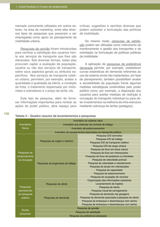 7. CONSTRUINDO O PLANO DE MOBILIDADE




      mercado comumente utilizados em outros se-             críticas, sugestões e opiniões diversas que
      tores, na área de marketing, entre eles diver-         podem subsidiar a formulação das políticas
      sos tipos de pesquisas que passaram a ser              de mobilidade.
      empregadas como apoio ao planejamento da
      mobilidade urbana.                                         Do mesmo modo, pesquisas de satisfa-
                                                             ção podem ser utilizadas como instrumento de
           Pesquisas de opinião foram introduzidas           monitoramento e gestão dos transportes e de
      para verificar a satisfação dos usuários fren-         orientação na formulação de políticas públicas
      te aos serviços de transporte que lhes são             de mobilidade.
      oferecidos. Sob diversas formas, todas elas
      procuram captar a avaliação da população,                   A aplicação de pesquisas	 de	 preferência	
      usuária ou não dos serviços de transporte,             declarada permite, por exemplo, estabelecer
      sobre seus aspectos gerais ou atributos es-            curvas estatísticas de demanda referentes ao
      pecíficos. Nos serviços de transporte coleti-          uso de sistema ainda não implantados, em fase
      vo urbano, permitem, por exemplo, avaliar a            de planejamento; também possibilitam avaliar
      quantidade e qualidade da oferta, a condição           a sensibilidade da população frente algumas
      da frota, o tratamento dispensado por moto-            medidas estratégicas pretendidas pelo poder
      ristas e cobradores e o preço da tarifa, etc.          público como, por exemplo, a disposição dos
                                                             usuários para aceitar medidas de restrição à
          Este tipo de pesquisa, além de forne-              circulação do transporte individual ou para ob-
      cer informações importantes para nortear as            ter investimentos na melhoria da infra-estrutura
      ações do poder público, abre espaço para               mediante cobrança de tarifas (pedágios).

106
      Tabela 3 – Quadro resumo de levantamentos e pesquisas
                                                       Inventário do sistema viário
         Inventários                          Inventário dos sistemas de controle de tráfego
           físicos                                   Inventário de estacionamentos
                                       Inventário de equipamentos associados ao transporte público
                                                                            Pesquisa O/D domiciliar
                                                                           Pesquisa O/D de tráfego
                          Pesquisas de origem e destino
                                                                      Pesquisa O/D de transporte coletivo
                                                                        Pesquisa O/D de carga urbana
                                                                       Pesquisa de fluxo em eixos viários
        Pesquisas de                                                   Pesquisa de fluxo em intersecções
       comportamento                                              Pesquisa de fluxo de pedestres ou bicicletas
        na circulação                                                   Pesquisa de velocidade pontual
                        Pesquisas de engenharia de tráfego          Pesquisa de velocidade e retardamento
                                                                      Pesquisa de atraso em intersecções
                                                                           Pesquisa de capacidade
                                                                         Pesquisa de estacionamento
                                                                      Pesquisa de ocupação de veículos
                                                                    Organização das informações cadastrais
                               Pesquisas de oferta                         Levantamento de trajetos
         Pesquisas                                                            Pesquisa de oferta
        operacionais                                                   Pesquisa visual de carregamento
        do transporte                                                Pesquisa de demanda nas garagens
          coletivo           Pesquisas de demanda            Pesquisa de demanda associada à pesquisa de oferta
                                                               Pesquisa de embarque e desembarque sem senha
                                                               Pesquisa de embarque e desembarque com senha
                                                          Pesquisa de opinião
          Outras
                                                         Pesquisa de satisfação
         pesquisas
                                                   Pesquisa	de	preferência	declarada
 