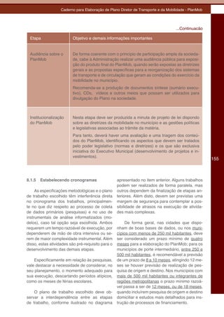 Caderno para Elaboração de Plano Diretor de Transporte e da Mobilidade - PlanMob




                                                                                    ...Continuacão

 Etapa                   Objetivo e demais informações importantes


 Audiência sobre o       De forma coerente com o princípio de participação ampla da socieda-
 PlanMob                 de, cabe à Administração realizar uma audiência pública para exposi-
                         ção do produto final do PlanMob, quando serão expostas as diretrizes
                         gerais e as propostas específicas para a reorganização dos sistemas
                         de transporte e de circulação que geram as condições do exercício da
                         mobilidade no município.
                         Recomenda-se a produção de documentos síntese (sumário execu-
                         tivo), CDs, vídeos e outros meios que possam ser utilizados para
                         divulgação do Plano na sociedade.



 Institucionalização     Nesta etapa deve ser produzida a minuta de projeto de lei dispondo
 do PlanMob              sobre as diretrizes da mobilidade no município e as gestões políticas
                         e legislativas associadas ao trâmite da matéria.
                         Para tanto, deverá haver uma avaliação e uma triagem dos conteú-
                         dos do PlanMob, identificando os aspectos que devem ser tratados
                         pelo poder legislativo (normas e diretrizes) e os que são exclusiva
                         iniciativa do Executivo Municipal (desenvolvimento de projetos e in-
                         vestimentos).
                                                                                                      155



8.1.5   Estabelecendo cronogramas                  apresentado no item anterior. Alguns trabalhos
                                                   podem ser realizados de forma paralela, mas
     As especificações metodológicas e o plano     outros dependem da finalização de etapas an-
de trabalho escolhido têm interferência direta     teriores. Além disto, devem ser previstas uma
no cronograma dos trabalhos, principalmen-         margem de segurança para contemplar a pos-
te no que diz respeito ao processo de coleta       sibilidade de atrasos na execução de ativida-
de dados primários (pesquisas) e no uso de         des mais complexas.
instrumentais de análise informatizados (mo-
delos), caso tal opção seja escolhida. Ambos           De forma geral, nas cidades que dispo-
requerem um tempo razoável de execução, por        nham de boas bases de dados, ou nos muni-
dependerem de mão de obra intensiva ou se-         cípios com menos de 250 mil habitantes, deve
rem de maior complexidade instrumental. Além       ser considerado um prazo mínimo de quatro
disso, estas atividades são pré-requisito para o   meses para a elaboração do PlanMob; para os
desenvolvimento das demais etapas.                 municípios de porte intermediário, entre 250 e
                                                   500 mil habitantes, é recomendável a previsão
    Especificamente em relação às pesquisas,       de um prazo de 8 a 10 meses, atingindo 12 me-
vale destacar a necessidade de considerar, no      ses se houver previsão de realização de pes-
seu planejamento, o momento adequado para          quisa de origem e destino. Nos municípios com
sua execução, descartando períodos atípicos,       mais de 500 mil habitantes ou integrantes de
como os meses de férias escolares.                 regiões metropolitanas o prazo mínimo razoá-
                                                   vel passa a ser de 12 meses, ou de 18 meses,
    O plano de trabalho escolhido deve ob-         quando incluírem pesquisa de origem e destino
servar a interdependência entre as etapas          domiciliar e estudos mais detalhados para ins-
de trabalho, conforme ilustrado no diagrama        trução de processos de financiamento.
 