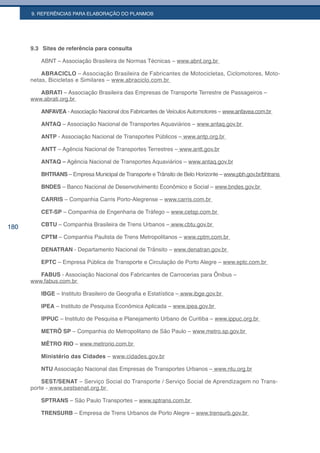 9. REFERÊNCIAS PARA ELABORAÇÃO DO PLANMOB




      9.3 Sites de referência para consulta

         ABNT – Associação Brasileira de Normas Técnicas – www.abnt.org.br

          ABRACICLO – Associação Brasileira de Fabricantes de Motocicletas, Ciclomotores, Moto-
      netas, Bicicletas e Similares – www.abraciclo.com.br

         ABRATI – Associação Brasileira das Empresas de Transporte Terrestre de Passageiros –
      www.abrati.org.br

         ANFAVEA - Associação Nacional dos Fabricantes de Veículos Automotores – www.anfavea.com.br

         ANTAQ – Associação Nacional de Transportes Aquaviários – www.antaq.gov.br

         ANTP - Associação Nacional de Transportes Públicos – www.antp.org.br

         ANTT – Agência Nacional de Transportes Terrestres – www.antt.gov.br

         ANTAQ – Agência Nacional de Transportes Aquaviários – www.antaq.gov.br

         BHTRANS – Empresa Municipal de Transporte e Trânsito de Belo Horizonte – www.pbh.gov.br/bhtrans

         BNDES – Banco Nacional de Desenvolvimento Econômico e Social – www.bndes.gov.br

         CARRIS – Companhia Carris Porto-Alegrense – www.carris.com.br

         CET-SP – Companhia de Engenharia de Tráfego – www.cetsp.com.br

180      CBTU – Companhia Brasileira de Trens Urbanos – www.cbtu.gov.br

         CPTM – Companhia Paulista de Trens Metropolitanos – www.cptm.com.br

         DENATRAN - Departamento Nacional de Trânsito – www.denatran.gov.br

         EPTC – Empresa Pública de Transporte e Circulação de Porto Alegre – www.eptc.com.br

         FABUS - Associação Nacional dos Fabricantes de Carrocerias para Ônibus –
      www.fabus.com.br

         IBGE – Instituto Brasileiro de Geografia e Estatística – www.ibge.gov.br

         IPEA – Instituto de Pesquisa Econômica Aplicada – www.ipea.gov.br

         IPPUC – Instituto de Pesquisa e Planejamento Urbano de Curitiba – www.ippuc.org.br

         METRÔ SP – Companhia do Metropolitano de São Paulo – www.metro.sp.gov.br

         MÊTRO RIO – www.metrorio.com.br

         Ministério das Cidades – www.cidades.gov.br

         NTU Associação Nacional das Empresas de Transportes Urbanos – www.ntu.org.br

          SEST/SENAT – Serviço Social do Transporte / Serviço Social de Aprendizagem no Trans-
      porte - www.sestsenat.org.br

         SPTRANS – São Paulo Transportes – www.sptrans.com.br

         TRENSURB – Empresa de Trens Urbanos de Porto Alegre – www.trensurb.gov.br
 