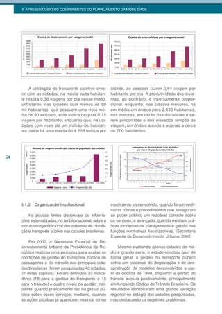 6. APRESENTANDO OS COMPONENTES DO PLANEJAMENTO DA MOBILIDADE




         A utilização do transporte coletivo cres-       cidade, as pessoas fazem 0,64 viagem por
     ce com as cidades, na média cada habitan-           habitante por dia. A produtividade dos siste-
     te realiza 0,36 viagens por dia nesse modo.         mas, ao contrário, é inversamente propor-
     Entretanto, nas cidades com menos de 60             cional: enquanto, nas cidades menores, há
     mil habitantes, que possuem uma frota mé-           em média um ônibus para 2.430 habitantes,
     dia de 30 veículos, este índice cai para 0,15       nas maiores, em razão das distâncias a se-
     viagem por habitante; enquanto que, nas ci-         rem percorridas e dos elevados tempos de
     dades com mais de um milhão de habitan-             viagem, um ônibus atende a apenas a cerca
     tes, onde há uma média de 4.258 ônibus por          de 700 habitantes.




54




     6.1.2   Organização institucional                   insuficiente; desenvolvido, quando foram verifi-
                                                         cadas rotinas e procedimentos que asseguram
         Há poucas fontes disponíveis de informa-        ao poder público um razoável controle sobre
     ções sistematizadas, no âmbito nacional, sobre a    os serviços; e avançado, quando existiam prá-
     estrutura organizacional dos sistemas de circula-   ticas modernas de planejamento e gestão nas
     ção e transporte público nas cidades brasileiras.   funções normativas fiscalizadoras. (Secretaria
                                                         Especial de Desenvolvimento Urbano, 2002)
          Em 2002, a Secretaria Especial de De-
     senvolvimento Urbano da Presidência da Re-               Mesmo avaliando apenas cidades de mé-
     pública realizou uma pesquisa para avaliar as       dio e grande porte, o estudo concluiu que, de
     condições de gestão do transporte público de        forma geral, a gestão do transporte público
     passageiros e do trânsito nas principais cida-      sofria um processo de degradação e de des-
     des brasileiras (foram pesquisadas 40 cidades,      construção de modelos desenvolvidos a par-
     27 delas capitais). Foram definidos 33 indica-      tir da década de 1980, enquanto a gestão do
     dores (18 para a gestão do transporte e 15          trânsito evoluía positivamente, principalmente
     para o trânsito) e quatro níveis de gestão: inci-   em função do Código de Trânsito Brasileiro. Os
     piente, quando praticamente não há gestão pú-       resultados identificaram uma grande variação
     blica sobre esses serviços; mediano, quando         regional no estágio das cidades pesquisadas,
     as ações públicas já aparecem, mas de forma         mas destacando os seguintes problemas:
 