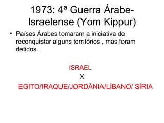 1973: 4ª Guerra Árabe-
Israelense (Yom Kippur)
• Países Árabes tomaram a iniciativa de
reconquistar alguns territórios , mas foram
detidos.
ISRAEL
X
EGITO/IRAQUE/JORDÂNIA/LÍBANO/ SÍRIA
 
