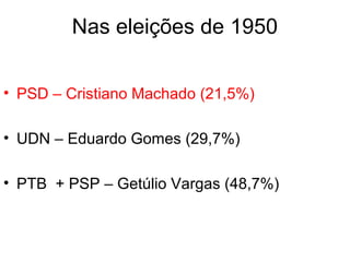 Nas eleições de 1950
• PSD – Cristiano Machado (21,5%)
• UDN – Eduardo Gomes (29,7%)
• PTB + PSP – Getúlio Vargas (48,7%)
 