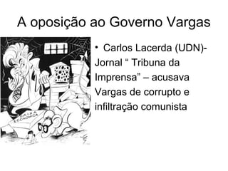 A oposição ao Governo Vargas
• Carlos Lacerda (UDN)-
Jornal “ Tribuna da
Imprensa” – acusava
Vargas de corrupto e
infiltração comunista
 