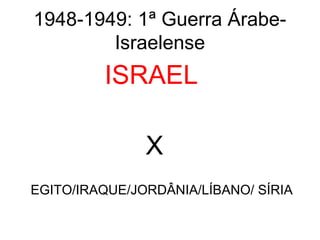 1948-1949: 1ª Guerra Árabe-
Israelense
ISRAEL
X
EGITO/IRAQUE/JORDÂNIA/LÍBANO/ SÍRIA
 