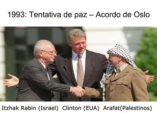 1993: Tentativa de paz – Acordo de Oslo Itzhak Rabin (Israel)  Clinton (EUA)  Arafat(Palestinos) 