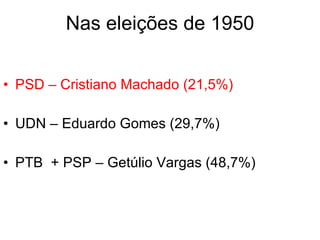 Nas eleições de 1950 PSD – Cristiano Machado (21,5%) UDN – Eduardo Gomes (29,7%) PTB  + PSP – Getúlio Vargas (48,7%) 