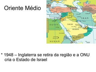 Oriente Médio * 1948 – Inglaterra se retira da região e a ONU cria o Estado de Israel 