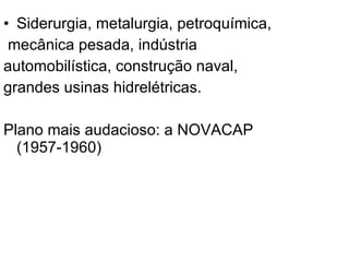 Siderurgia, metalurgia, petroquímica, mecânica pesada, indústria  automobilística, construção naval,  grandes usinas hidrelétricas. Plano mais audacioso: a NOVACAP (1957-1960) 