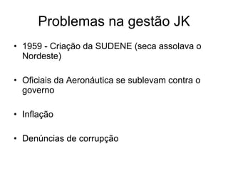 Problemas na gestão JK 1959 - Criação da SUDENE (seca assolava o Nordeste) Oficiais da Aeronáutica se sublevam contra o governo  Inflação  Denúncias de corrupção 