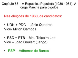 Capítulo 63 – A República Populista (1930-1964): A longa Marcha para o golpe Nas eleições de 1960, os candidatos:   UDN + PDC – Jânio Quadros Vice- Milton Campos PSD + PTB – Mal. Teixeira Lott Vice – João Goulart (Jango) PSP – Adhemar de Barros 
