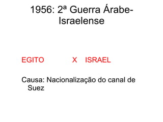 1956: 2ª Guerra Árabe-Israelense EGITO  X  ISRAEL Causa: Nacionalização do canal de Suez 