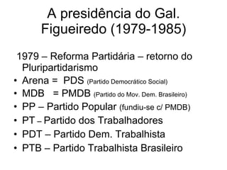 A presidência do Gal. Figueiredo (1979-1985) 1979 – Reforma Partidária – retorno do Pluripartidarismo  Arena =  PDS  (Partido Democrático Social) MDB  = PMDB  (Partido do Mov. Dem. Brasileiro) PP – Partido Popular  (fundiu-se c/ PMDB) PT  –  Partido dos Trabalhadores PDT – Partido Dem. Trabalhista PTB – Partido Trabalhista Brasileiro 