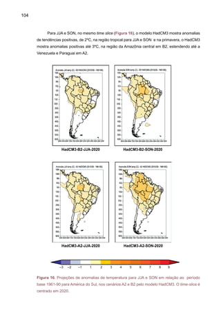 106
A Figura 18 mostra que, durante o verão DJF, o aquecimento é mais intenso na região
tropical, especialmente na região Amazônia e Nordeste, chegando até 3-4ºC em 2050 e 6-8ºC
em 2080, comparado com 1-2ºC em 2020. Durante a primavera, a região Amazônica apresenta
um aquecimento de até 2ºC em 2020, 5ºC em 2050 e 8-9ºC em 2080, sendo que o aquecimento
é maior em A2 comparado com B2. No Sul e Sudeste do Brasil, o aquecimento chega 2-3ºC em
2050 e 3-5ºC em 2080, comparado com 1-2ºC em 2020. O aquecimento aparece mais intenso
em MAM comparado a DJF.
Figura 18. Projeções de anomalias de temperatura para DJF em relação ao período base 1961-
90 para América do Sul. As previsões são do modelo HadCM3. Os time-slices são em 2020,
2050 e 2080 dos cenários A2 e B2.
HadCM3-B2-2020 DJF HadCM3-B2-2050 DJF HadCM3-B2-2080 DJF
HadCM3-B2-2020 DJF HadCM3-B2-2050 DJF HadCM3-B2-2080 DJF
 