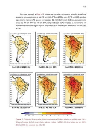 107
Durante o inverno JJA, a Figura 19 mostra que o aquecimento é mais intenso na região
tropical e subtropical, chegando até 3-4ºC no Sudeste do Brasil e 6-8ºC na Amazônia em 2080.
O aquecimento parece ser mais intenso na primavera e no inverno, comparado ao verão em
termos de intensidade e extensão geográfica. Em 2020 e aquecimento chega até 2ºC no Brasil,
e até 3-5ºC na Amazônia e no Sudeste, em 2050.
HadCM3-B2-2020 JJA HadCM3-B2-2050 JJA HadCM3-B2-2080 JJA
HadCM3-A2-2020 JJA HadCM3-A2-2050 JJA HadCM3-A2-2080 JJA
Figura 19. Projeções de anomalias de temperatura para JJA em relação ao período base 1961-
90 para América do Sul. As previsões são do modelo HadCM3. Os time-slices são em 2020,
2050 e 2080 dos cenários A2 e B2.
 
