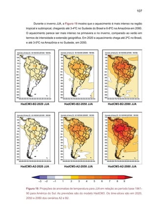 109
Em 2050 (Figura 21), o aquecimento observado em toda a América do Sul é de 1ºC,
chegando até 2ºC na região subtropical da América do Sul, segundo os modelos CCCMA, CSI-
RO e CCSR/NIES no cenário B2. Em A2, o aquecimento chega a 3ºC no Sudeste do Brasil em
CCSR/NIES.
CCCMA-A2-2050 CSIRO-A2-2050 GFDL-A2-2050 CCSR/NIES-A2-2050
CCCMA-B2-2050 CSIRO-B2-2050 GFDL-B2-2050 CCSR/NIES-B2-2050
Figura 21. Projeções de anomalias de temperatura para DJF com referência ao período base
1961-90 para América do Sul. Os modelos são os CCCMA, GFDL, HadCM3 e CCSR/NIES. Os
cenários são A2 e B2 para time-slice centrado em 2050.	
 