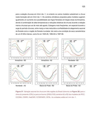 127
3.2	 Tendências de temperatura e chuva durante o século XXI
As Figuras 32 e 33 apresentam séries de tempo das anomalias de chuva e temperatura
geradas por seis modelos do IPCC para o período 2000-2100, e nas quatro regiões de interesse
apresentadas na Figura 30. As anomalias são calculadas em relação à média de 1961-90 e as
curvas mostradas representam a média móvel de 11 anos.
3.2.1	 Amazônia
O modelo GFDL mostra aumentos na chuva de até 2mm dia -1 em 2100. No entanto, o
modelo HadCM3 apresenta reduções sistemáticas na chuva de até 2mm dia -1 em 2100 para
o HadCM3 (Figura 33). No cenário A2, o modelo CSIRO apresenta ligeiros aumentos da chuva
até 2100. Os modelos HadCM3 e GFDL são talvez aqueles que mostram as maiores e mais
contrastantes diferenças nos cenários B2 e A2. No cenário B2, o modelo HadCM3/GFDL simula
anomalias de chuva de -2/+1.5mm dia -1. No modelo HadCM3 para os dois cenários A2 e B2, o
modelo simula anomalias negativas de chuva de até 0.7mm dia -1 e a partir de 2060 começa a
aumentar e, para 2100 apresenta anomalias negativas de até 2mm dia -1.A Figura 33 apresenta
as séries de tempo de anomalias de temperatura geradas pelos cinco modelos do IPCC para
os cenários A2 e B2. Todos os modelos apresentam aquecimento até 2100, chegando o aque-
cimento até 2-5o
C no A2 e 2-6o
C para o cenário B2, e o aquecimento variando entre modelos.
O maior aquecimento é gerado pelo HadCM3 chegando até 8o
C no A2 e 6o
C no B2.
3.2.2	 Nordeste
Para o cenário B2, os modelos CSIRO, GFDL, CCCMA desde 2000 e o modelo CCSR/
NIES desde 2060 mostram anomalias positivas de chuva, que chegam até 2mm dia -1 no GFDL
para 2100. No cenário A2, o modelo CCSR/NIES apresenta anomalias positivas que são menos
intensas que no cenário B2. No A2, a maior diferença com B2 está no modelo GFDL, que apre-
senta tendências positivas de chuva, chegando até 2-3mm dia -1 em 2080 em A2 comparado
com 2mm dia -1 no cenário B2 (Figura 32). Nos dois cenários, o modelo HadCM3 apresenta
anomalias de chuva negativas chegando até 1.5mm dia -1 em 2100 nos dois cenários A2 e B2.
A Figura 63 apresenta as séries de tempo de anomalias de temperatura geradas pelos cinco
modelos do IPCC para os cenários A2 e B2. Todos os modelos apresentam aquecimento até
2100, chegando o aquecimento em até 3–5.5o
C no A2 e 1.5-2.5o
C para o cenário B2 em 2100,
com o aquecimento variando entre os modelos (Figura 33).
3.2.3	 Pantanal
Para esta região, os modelos apresentam uma redução nas chuvas da região no cenário
A2 da ordem de -0.5mm dia-1, exceto o modelo GFDL que mostra um aumento da chuva de
até 1mm dia-1 em 2100. No cenário B2, os modelos HadCM3 apresentam anomalias positivas
 