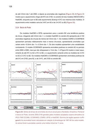130
3.3	 Análise comparativa de anomalias de temperatura e chuva para algumas regiões
do Brasil
3.3.1	 Amazônia
A Figura 34 mostra para Amazônia um diagrama de dispersão com anomalias anuais de
temperatura e chuva para os time slices centrados em 2020, 2050 e 2080 em relação ao clima
atual 1961-90. Os diagramas foram elaborados considerando os cinco modelos globais do IPCC-
TAR. A maioria dos modelos apresenta um sinal consistente, com aquecimento na região junta-
mente com reduções de chuva, e estas tendências se intensificam mais nos time slices de 2050
e 2080, para os cenários A2 mais que B2. Em 2080, o modelo HadCM3 apresenta aquecimento
de 3.5ºC para B2 e de 5ºC no A2, enquanto que para o modelo CSIRO mostra aquecimento de
2.5ºC para B2 e de 3.6ºC para A2. Em chuva, os modelos apresentam uma redução média anual
de 0.4mm dia -1 para 2080. Este cenário aponta para um futuro clima amazônico mais quente e
menos úmido. A redução do volume anual de chuvas poderia chegar em até 20%, caso toda a
floresta Amazônica fosse substituída por pastagens. Estes estudos mostram que o resultado de
uma simulação de um cenário mais real, no qual apenas parte da Amazônia seria desmatada,
não poderia ser deduzido facilmente da experiência de desmatamento total, indicando que as
previsões dos modelos de clima são bastante sensíveis à representação das características de
uma superfície vegetada.
Figura 34. Diagrama de dispersão com anomalias anuais de temperatura (ºC) e chuva para
(mm dia -1) para a Amazônia, nos time slices centrados em 2020 (painel superior), 2050 (painel
médio) e 2080 (painel inferior) em relação ao clima atual 1961-90. Os diagramas foram elabora-
dos considerando os cinco modelos globais do IPCC-TAR mostrados na parte inferior da Figura,
para os cenários A2 (vermelho) e B2 (azul).
 