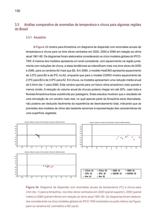 132
3.3.3	 Pantanal
O Pantanal, localizado no Sudoeste do Brasil, constitui uma das últimas grandes áreas
inundadas de água doce no mundo, habitat de uma grande variedade de vida selvagem. Este
ecossistema faz parte da bacia do rio Paraná e, durante a estação chuvosa (normalmente de
novembro até abril), se comporta como um gigantesco mecanismo natural de controle das
enchentes do rio Paraguai, resultantes das chuvas torrenciais sobre o Mato Grosso. Qualquer
aumento significativo da vazão, resultante de alterações climáticas ou do desmatamento, irá
afetar negativamente a capacidade de retenção e controle desta grande área alagada (Hulme
e Sheard, 1999).
Para a região do Pantanal, o padrão de anomalias de chuva e de temperatura não é tão
coerente como aqueles do Nordeste ou da Amazônia. Enquanto que todos os modelos apresen-
tam aquecimento que tende a se intensificar até 2080 para o cenário A2, alguns dos modelos
mostram aumento de chuva e outros apresentam redução de chuvas. A Figura 36 mostra que
para os três time slices o clima futuro tende a ser mais quente e os cenários A2 e B2 têm res-
postas similares em termos de anomalia de chuva, enquanto que as anomalias de temperatura
são bastante diferentes. Em 2020, a anomalia de temperatura entre modelos e cenários varia
de 1 a 1.5ºC, enquanto que em 2050 o aquecimento varia de 1.5 a 3ºC, e em 2080 varia de 2.5
a 4.7ºC. Para 2050 e 2080 as anomalias de chuva variam de +0.4mm dia-1 do modelo CSIRO
para B2 até -0.2mm dia-1 do modelo CCSR/NIES para o mesmo cenário. O modelo HadCM3
apresenta anomalias de chuva próximas a zero em 2080 para dois dos cenários, enquanto que
para 2050 é ligeiramente negativa (Figura 31).
Figura 36. Diagrama de dispersão com anomalias anuais de temperatura (ºC) e chuva para
(mm dia-1) para o Pantanal, nos time slices centrados em 2020 (painel superior), 2050 (painel
médio) e 2080 (painel inferior) em relação ao clima atual 1961-90. Os diagramas foram elabora-
dos considerando os cinco modelos globais de IPCC-TAR mostrados na parte inferior da figura,
para os cenários A2 (vermelho) e B2 (azul).
 