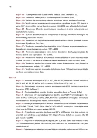 18
Figura 23 – Projeções de anomalias de temperatura para JJA para o time slice centrado no
ano 2020 com referência ao período base 1961- 90 para América do Sul, nos cenários A2 e B2
para vários modelos.
Figura 24 – Projeções de anomalias de temperatura para JJA para o time slice centrado no
ano 2050 com referência ao período base 1961-90 para América do Sul, nos cenários A2 e B2
para vários modelos.
Figura 25 – Projeções de anomalias de temperatura para JJA para o time slice centrado no
ano 2080 com referência ao período base 1961- 90 para América do Sul, nos cenários A2 e B2
para vários modelos.
Figura 26 – Média sazonal de verão (DJF), inverno (JJA) e anual dos 5 AGCMs para anomalias de
temperatura do ar dos cenários A2 e B2, dos períodos 2010-2040, 2041-2070 e 2071-2100.
Figura 27 – Compostos de mudanças em extremos climáticos de oito modelos do IPCC-AR4 para
o cenário A1B, e apresentando diferenças entre o futuro (2080-2099) e o presente (1980-1999).
Figura 28 – Mudanças previstas de vazões em percentagem (%) na América do Sul, para o
período 2061-2100, cenário A1B gerado pelo Modelo HadGEM1 (Fonte: UK Met Office 2005).	
Figura 29 – Média aritmética de vazões de 12 modelos do IPCC-TAR para o período entre
2041-2060 em relação ao período entre 1900-70 em percentagem (%) para o cenário A1B 	
Figura 30 – Regiões estrategicamente importantes para estudos detalhados de mudança de
clima no Brasil.
Figura 31 – Variação sazonal de chuva em três regiões do Brasil para o clima do presente (1961-
90 CRU) e para os futuros (2050-2100) cenários A2 e B2 dos modelos de IPCC-TAR: CCCMA,
CSIRO, HadCM3, CCSR/NIES, GFDL.
Figura 32 – Séries de tempo de anomalias de chuva anual para o Nordeste,Amazônia, Pantanal
e bacia do Prata durante 2000 -2100 geradas pelos modelos acoplados oceano-atmosfera do
IPCC-TAR CCCMA, CCSR/NIES, CSIRO, GFDL e HadCM3. 	
Figura 33 – Séries de tempo de anomalias de temperatura anual para o Nordeste, Amazônia,
Pantanal e Bacia do Prata durante 2000-2100 geradas pelos modelos acoplados oceano-at-
mosfera de IPCC-TAR CCCMA, CCSR/NIES, CSIRO, GFDL e HadCM3. 	
Figura 34 – Diagrama de dispersão com anomalias anuais de temperatura (ºC) e chuva para
(mm dia -1) para a Amazônia, nos time slices centrados em 2020 (painel superior), 2050 (painel
médio) e 2080 (painel inferior) em relação ao clima atual 1961-90. 	
Figura 35 – Diagrama de dispersão com anomalias anuais de temperatura (ºC) e chuva para
(mm dia-1) para o Nordeste, nos time slices centrados em 2020 (painel superior), 2050 (painel
médio) e 2080 (painel inferior) em relação ao clima atual 1961-90. 	
Figura 36 – Diagrama de dispersão com anomalias anuais de temperatura (ºC) e chuva para
(mm dia-1) para o Pantanal, nos time slices centrados em 2020 (painel superior), 2050 (painel
médio) e 2080 (painel inferior) em relação ao clima atual 1961-90.	
Figura 37 – Diagrama de dispersão com anomalias anuais de temperatura (ºC) e chuva para
(mm dia-1) para a bacia do Prata, nos time slices centrados em 2020 (painel superior), 2050
(painel médio) e 2080 (painel inferior) em relação ao clima atual 1961-90.
 