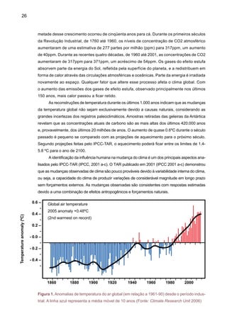 28
Figura 2. Anomalias globais de temperatura do ar relativas ao período 1850-1920, baseado
em registros instrumentais, comparadas com a média de um conjunto de quatro simulações de
modelos acoplados oceano-atmosfera forçados com: (a) forçamento solar e vulcânico somente,
(b) forçamento antropogênico que inclui gases de efeito estufa, mudanças no ozônio troposférico
e estratosférico e o efeito direto e indireto de aerossóis de sulfato, e (c) combinação de todas
os forçamentos (naturais e antropogênicos). A linha vermelha representa as observações e a
área em cinza representa os quatro modelos climáticos usados. As médias são anuais (Fonte:
IPCC 2001a).
 