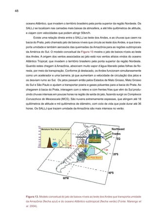 50
Em outras bacias do Sudeste do Brasil, os registros do rio Paraíba do Sul em Resende,
Guaratinguetá e Campos (Marengo e Alves 2005), do rio Parnaíba em Boa Esperança (região
Sudeste); e do São Francisco em Juazeiro (região Nordeste), apresentam tendências hidroló-
gicas nas vazões e cotas que não são consistentes com uma redução ou aumento na chuva
nas bacias, indicando que é pouco provável que o clima esteja mudando significativamente
nestas regiões (Marengo et al. 1998, Marengo e Alves 2005). No caso do rio Paraíba do Sul,
as vazões e cotas apresentam uma tendência negativa sistemática desde 1920 (Figura 14).
Isto poderia apresentar um grande impacto na economia do vale do Paraíba do Sul, pois as
principais cidades do vale utilizam água deste rio para consumo, irrigação e atividade indus-
trial, qualquer redução devido a alguma mudança de clima seria catastrófica. A mesma figura
mostra que a chuva durante a estação chuvosa DJF no vale do Paraíba do Sul, não apresenta
tendência negativa que poderia explicar as reduções nas vazões. Assim, é possível que as
variações observadas na hidrologia do rio Paraíba do Sul sejam provocadas pelo gerencia-
mento regional da água e causas relacionadas à atividade humana.
O comprometimento ambiental de regiões como Pantanal pela variabilidade climática e
ações antrópicas deve ser examinado, para que medidas preventivas e mitigadoras possam
ser planejadas, principalmente no zoneamento ecológico, em desenvolvimento em nível gover-
namental. Na Figura 15, apresentada por Tucci (2003), pode-se observar os níveis máximos
de enchentes em Ladário-MS desde o início do século. Pode-se observar que entre 1900 e
1960 os níveis máximos ficaram, em média, na ordem de 4,00m, enquanto que entre 1960 e
1972, na ordem de 2,00m. Já entre 1973 e 1995 a variação foi de cerca de 5,0m. Conside-
rando que os leitos são móveis e a erosão e a sedimentação são significativas, as primeiras
questões investigadas são as seguintes: (a) a mudança do leito pode explicar as variações
de nível observadas na década de 1960?; (b) a escala de Ladário poderia ter mudado de
posição ou local durante o período? (c) estas variações podem ser explicadas pela variação do
uso do solo a montante? (d) estas variações podem ser explicadas pela variabilidade climática
ou mudança climática? Os problemas de tendência em Ladário podem ser similares aos do rio
Paraíba do Sul, onde as mudanças nas vazões e cotas não são consistentes com as tendências
de chuva na bacia.
Aparentemente Pantanal brasileiro pode estar entrando num novo ciclo de seca. Em
1974 o pico de cheia no rio Paraguai, medido na centenária régua localizada no município de
Ladário (MS), ficou abaixo de quatro metros. O comportamento atípico da cheia mais baixo de
2005, provavelmente, ocorreu em função dos baixos volumes pluviométricos registrados e da
alternância de períodos chuvosos e de estiagens nessa região, especificamente no período
de outubro de 2004 a março de 2005. Esse pico de cheia é o segundo menor desde 1974,
quando teve início o atual ciclo de cheias do Pantanal. No período de 1974 a 2004, a menor
cheia ocorreu no ano de 2001, quando o nível máximo foi de apenas 3,15 metros. A maior
cheia ocorreu em 1988, com pico de 6,64 metros. Essa marca é a maior que se tem registro
desde a instalação da régua de medição do nível do rio Paraguai, em Ladário. Considerando
que a média dos picos das cheias de 1974 a 2004 foi 5,23 metros, observa-se o quanto a
cheia de 2005 foi pequena.
 