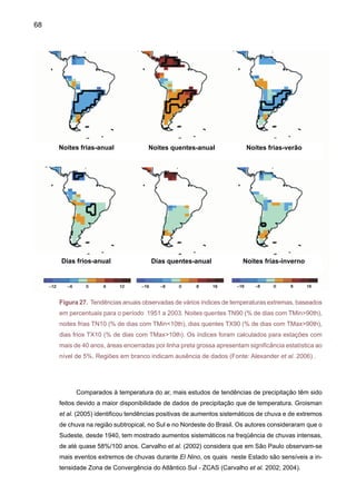 70
No Sul do Brasil, Teixeira (2004) identificou uma ligeira tendência de aumento no número
de eventos extremos e chuva, com maiores freqüências em anos como 1993-94 e 1997-98,
que são anos de El Niño (Figura 29). Grimm e Pscheidt (2001) explicam que no Sul do Brasil
durante anos de El Niño (La Niña) se observa um aumento do número de eventos extremos de
chuva no mês de novembro em relação a anos normais. No período analisado por eles (1963-
92), nove eventos El Niño e seis eventos La Niña aconteceram, e 15 anos foram normais. Foram
detectados 36 eventos extremos de chuva durante novembro de anos El Niño, três durante La
Niña e 23 em anos normais. A influência do El Niño na freqüência de eventos extremos também
se estende a outras regiões e épocas do ano
O ciclo anual de eventos extremos de chuva no Sul do Brasil mostra também ciclos anuais,
sendo estes eventos mais freqüentes na primavera e outono (Teixeira, 2004) como apresenta-
do na Figura 29. Eventos intensos de chuva em outono podem ser responsáveis por grandes
valores de vazões no rio Paraná nos Pampas da Argentina. Liebmann et al. (2004) mostrou que
em São Paulo na escala interanual, o número de eventos extremos de chuva mostra correlação
Figura 29. (a) Variabilidade interanual do número de eventos extremos de chuva no Sul do
Brasil durante 1991-2001. (b) Ciclo anual do número de eventos extremos de chuva no Sul do
Brasil (Fonte: Teixeira 2004).
 