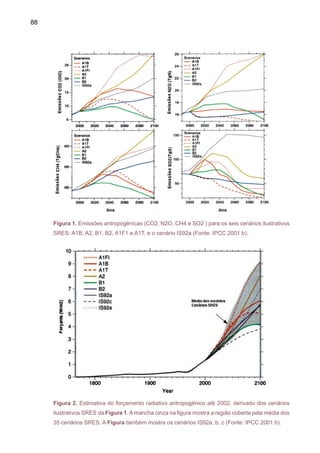 90
pitação e a temperatura do clima atual observada (CRU 1961-90) e simulada de cada um
dos modelos do IPCC para o mesmo período 1961-90. Os mapas anuais apresentados
mostram a diferença entre a climatologia dos modelos menos a observação para a média
anual. Isto é feito com a finalidade de detectar possíveis erros sistemáticos ou vieses dos
modelos na América do Sul. O Anexo A apresenta as diferenças em nível sazonal de cada
um dos modelos. Em nível anual, todos os modelos apresentam um viés relativamente seco
na região Sul do Brasil, sendo o maior viés negativo de 3mm dia -1 dos modelos CSIRO e
CCSR/NIES, e o menor viés para o HadCM3 (2mm dia-1). Outros modelos climáticos também
apresentam este viés negativo no Sul do Brasil, que é sistemático ao longo do ano (Figura
4). Em relação à temperatura do ar, os modelos CCCMA e CSIRO apresentam um viés frio
no Brasil tropical, enquanto que o modelo GFDL tem um viés mais quente na Amazônia de
até 3ºC (Figura 5).
Em nível sazonal, a Figura 4 e as figuras do Anexo A mostram que os cinco modelos
apresentam um viés mais seco no Sul do Brasil. Enquanto que o modelo GFDL apresenta
um viés mais chuvoso na Amazônia e outro mais seco no leste da Amazônia e no Sudeste
do Brasil, segundo o CCSR/NIES, que pode chegar até -3mm dia-1 durante a primavera.
No verão, segundo as anomalias de chuva na região Sudeste, os modelos CCCMA, GFDL
e CCSR/NIES tendem a simular uma Zona de Convergência do Atlântico Sul (ZCAS) mais
fraca, enquanto que o modelo HadCM3 apresenta uma ZCAS mais intensa sobre região
Sudeste. Os modelos CSIRO e GFDL apresentam viés seco no Sul do Brasil neste perío-
do, assim como o CCCMA na Amazônia e o HadCM3 no leste na Amazônia. No outono, os
modelos CCCMA e CSIRO apresentam viés negativo na Amazônia, enquanto que o GFDL
apresenta viés positivo na mesma região. Os cinco modelos simulam menos chuvas na re-
gião Sul. No inverno, os cinco modelos simulam menos chuvas na região Sul e no extremo
norte da Amazônia, sul da Venezuela e leste da Colômbia. Similarmente, os cinco modelos
apresentam vieses negativos pequenos na região Nordeste do Brasil.
No caso de temperaturas e vieses sazonais, a Figura 5 e as figuras do Anexo A
mostram que o modelo CCCMA e, em menor grau o modelo do CSIRO, apresentam vieses
frios na maior parte do Brasil, com valores de até 4ºC, menor que a climatologia observada
durante todas as estações do ano. Na primavera, o modelo do GFDL tende a ser mais quente
que o observado (até 4ºC na Amazônia), enquanto que o viés é menor no CCSR/NIES. No
verão, o HadCM3 aparece como o mais próximo à climatologia observada, enquanto que o
GFDL tende a ser mais quente no Sul do Brasil e o CCSR/NIES tende a ser mais frio que o
observado ao leste dos Andes. No outono, o HadCM3 aparece mais próximo a observações
com anomalias moderadas entre +1 e -1ºC em relação à climatologia, e no inverno o GFDL
é mais frio na Amazônia central (até 2ºC) e o HadCM3 tende a ser ligeiramente mais frio que
nas observações no Brasil subtropical. Ë importante considerar estes vieses no momento
de avaliar os cenários futuros, para poder estimar os valores de chuva e precipitação, além
das anomalias em relação ao clima do presente.
 