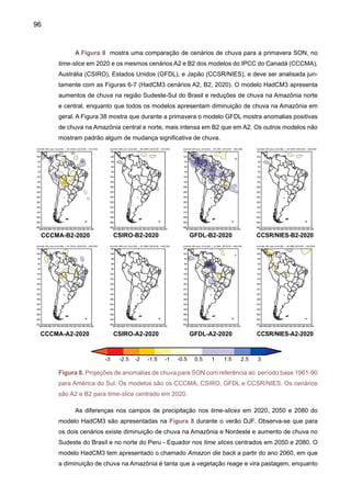 98
No clima do presente, o máximo da estação chuvosa na Amazônia central e na
região Nordeste acontece em MAM. As Figuras 10 e 11 mostram uma composição de
anomalias de chuvas de quatro modelos para A2 e B2, para os time slices centrados em
2050 e 2080. O modelo CSIRO não é apresentado. As diferenças mais notáveis são entre
os modelos GFDL e HadCM3, mostrando o modelo GFDL anomalias positivas intensas de
chuva no Nordeste e Amazônia, e o modelo de HadCM3 apresenta secas no Nordeste e
reduções de chuva na Amazônia do Norte e também chuva abundante na costa do Peru e
Equador. As anomalias parecem ser ligeiramente mais intensas no cenário A2, e no time
slice de 2080 em relação a 2050.
CCCMA-B2-2050 GFDL-B2-2050 HadCM3-B2-2050 CCSR/NIES-B2-2050
CCCMA-A2-2050 GFDL-A2-2050 HadCM3-A2-2050 CCSR/NIES-A2-2050
Figura 10. Projeções de anomalias de chuva para DJF com referência ao período base 1961-90
para América do Sul. Os modelos são os CCCMA, GFDL, HadCM3 e CCSR/NIES. Os cenários
são A2 e B2 para time-slice centrado em 2050.
 