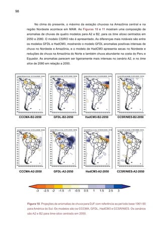 100
A Figura 12 mostra uma composição similar às das Figuras 10 e 11, mas para o inverno
JJA. Os modelos GFDL, HadCM3 e CCSR/NIES apresentam a ZCIT situada na posição próxima
a 5ºN sobre o Atlântico Tropical norte e entre o Equador e 5ºN no Pacífico do leste até o oeste da
Colômbia. As anomalias positivas de chuva cobrem até o Norte do Peru nos cenários A2 e B2 do
HadCM3. As anomalias negativas de chuva no Norte da América do Sul e positivas entre 5-10ºN
no Atlântico sugerem ainda que a ZCIT esteja mais ao Norte e que aparece mais enfraquecida
sobre o continente em comparação com o Atlântico Tropical norte. Estas anomalias negativas
de chuva na Amazônia não aparecem nos modelos GFDL,e CCSR/NIES, enquanto estes dois
modelos e o modelo HadCM3 apresentam, ainda que com intensidade diferente, as chuvas acima
do normal no Atlântico Tropical norte. As anomalias são mais intensas no cenário A2.
CCCMA-B2-2080 GFDL-B2-2080 HadCM3-B2-2080 CCSR/NIES-B2-2080
CCCMA-A2-2080 GFDL-A2-2080 HadCM3-A2-2080 CCSR/NIES-A2-2080
Figura 12. Projeções de anomalias de chuva para JJA com referência ao período base 1961-90
para América do Sul. Os modelos são os CCCMA, GFDL, HadCM3 e CCSR/NIES. Os cenários
são A2 e B2 para time-slice centrado em 2080.
 