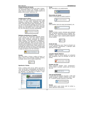 NOVA EDIÇÃO                                                                                    INFORMÁTICA
Comportamento da Janela                                     Cores
Configura a atuação da janela que exibe o progra-           Aqui você define a cor predominante.
ma, permitindo alterar, por exemplo, a ação do
duplo clique do mouse sobre o enfeite superior da
janela, entre enrolar, maximizar, etc.


                                                            Decorações da Janela
                                                            Define as decorações da janela (superior)

Configuração do Menu
O KDE possui uma interessante ferramenta que
procura, no disco rígido, programas que estão
instalados, conhecida como "kappfinder". Não obs-
tante, você pode querer editar diretamente o me-            Estilo
nu, para incluir alguma aplicação que não foi inclu-        Estilo (botões, barra de carga (porcentagem), etc.
ída por um motivo qualquer. Além disso, esse item
permite que você defina como o menu será exibi-
do, com uma série de recursos interessantes.

                                                            Fontes
                                                            Define as fontes    a serem utilizadas pelo ambiente
                                                            KDE. Os demais      ambientes (como o GNOME, Win-
                                                            dowMaker, etc.,     possui ferramentas próprias para
Múltiplos Ambientes de Trabalho.                            isso, ou utilizam   o que o sistema gráfico disponibi-
O Linux tem uma característica bastante interes-            liza por padrão.
sante: permite que, em uma mesma máquina,
possa haver diferentes ambientes de trabalho.
Desta maneira, você pode manter separados di-
versos processos que estiverem em andamento,
em janelas separadas. Muito útil para quem, por
exemplo, está navegando na internet e ripando um            Fundo de Tela
cd de áudio ao mesmo tempo. Desta maneira, uma              É o que conhecemos como "Papel de Parede" em
atividade não interfere na outra e você pode optar          outros sistemas. Obviamente, a definição dada
por qual das duas você irá se dedicar e qual ficará         pelo KDE é mais lógica.
a cargo da máquina, sem lhe incomodar.



                                                            Lançador Rápido Histórico
Painéis                                                     Habilita a ação do mouse quando um programa
Aqui você define a forma e ações do Painel, ou              está carregando, além da indicação na barra de
Kicker, como é mais conhecido. Posição, tamanho,            tarefas.
ocultação, dentre outras opções disponíveis.




                                                            Protetor de Tela
Aparência e Temas                                           Muito conhecido também como "screensaver",
                                                            permite definir o protetor, quando este irá funcio-
Como o próprio nome já diz, define qual será a              nar, etc.
"cara" do seu KDE. A possibilidade, que falamos no
início, de transformar a aparência do seu Linux em
um Windows, um Macintosh ou mesmo o "seu"
KDE, com uma aparência única.
                                                            Tela de Apresentação
                                                            É aquela tela que aparece enquanto o KDE está
                                                            sendo carregado. Também conhecido como "spla-
                                                            sh". É possível também adicionar novas telas.




                                                            Ícones
                                                            Permite definir quais ícones você irá utilizar e,
                                                            ainda, adicionar novos ícones.

                                                       23
 