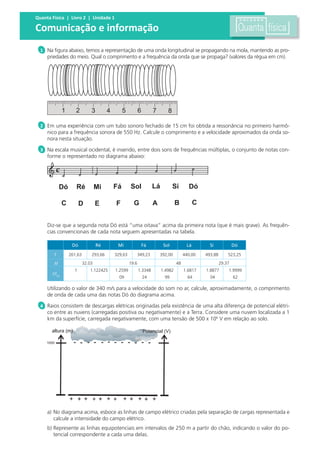 Quanta Física | Livro 2 | Unidade 1

Comunicação e informação
  1 Na figura abaixo, temos a representação de uma onda longitudinal se propagando na mola, mantendo as pro-
     priedades do meio. Qual o comprimento e a frequência da onda que se propaga? (valores da régua em cm).




  2 Em uma experiência com um tubo sonoro fechado de 15 cm foi obtida a ressonância no primeiro harmô-
     nico para a frequência sonora de 550 Hz. Calcule o comprimento e a velocidade aproximados da onda so-
     nora nesta situação.

  3 Na escala musical ocidental, é inserido, entre dois sons de frequências múltiplas, o conjunto de notas con-
     forme o representado no diagrama abaixo:




     Diz-se que a segunda nota Dó está “uma oitava” acima da primeira nota (que é mais grave). As frequên-
     cias convencionais de cada nota seguem apresentadas na tabela.

                Dó              Ré     Mi              Fá       Sol           Lá        Si             Dó

        F      261,63       293,66    329,63          349,23   392,00        440,00   493,88       523,25
        Δf              32.03                  19.6                     48                     29.37
                 1         1.122425   1.2599          1.3348   1.4982        1.6817   1.8877       1.9999
       f/fDó
                                        09              24       99            64       04             62

     Utilizando o valor de 340 m/s para a velocidade do som no ar, calcule, aproximadamente, o comprimento
     de onda de cada uma das notas Dó do diagrama acima.

  4 Raios consistem de descargas elétricas originadas pela existência de uma alta diferença de potencial elétri-
     co entre as nuvens (carregadas positiva ou negativamente) e a Terra. Considere uma nuvem localizada a 1
     km da superfície, carregada negativamente, com uma tensão de 500 x 106 V em relação ao solo.




     a) No diagrama acima, esboce as linhas de campo elétrico criadas pela separação de cargas representada e
        calcule a intensidade do campo elétrico.
     b) Represente as linhas equipotenciais em intervalos de 250 m a partir do chão, indicando o valor do po-
        tencial correspondente a cada uma delas.
 