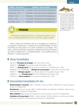 191Biomas: paraísos naturais ou recursos inesgotáveis?
Biologia
ANTES - Rio Paraná DEPOIS - Lago de Itaipu
1º) Cascudo-preto - 22 % 1º) Armado - 38 %, cerca de 550 toneladas ano
2º) Dourado - 17 % 2º) Corvina - 15 %, cerca de 210 toneladas ano
3º) Pacu - 13 % 3º) Mapará - 13 % cerca de 180 toneladas ano
4º) Jaú - 10 % 4º) Curimba - 8 % cerca de 105 toneladas ano
5º) Pintado - 9 % 5º) Barbado - 5 % cerca de 60 toneladas ano
Peixe armado (Pterodoras granulosos).
Uma das principais características
desse peixe são os acúleos (espi-
nhos em forma de asas de borbo-
leta que possui em cada lado do
seu corpo). Tem cor amarronzada,
pode alcançar um metro de com-
primento e pesar 8 quilos. Onívo-
ro, alimenta-se de quase tudo o
que encontra, de vegetais a inse-
tos. Fonte: Lago de Itaipu, Foz do
Iguaçu. www.itaipu.gov.br

Repensando a questão do limnociclo, a construção da represa é um ga-
nho ou uma perda ambiental? Forma um novo bioma ou agride o original?
PESQUISA
Toda a riqueza de um Bioma, por si só, já justiﬁcaria o estudo pa-
ra assegurar a conservação e o manejo da sua biodiversidade. Por isso,
toda forma de vida possui o seu valor econômico ou ecológico. Por-
tanto, conservar um bioma é garantir a existência das diversas espécies
que nele se estabelecem e, conseqüentemente, a sua existência para a
presente e as futuras gerações.
Obras Consultadas
DAJOZ, R. Princípios de ecologia. São Paulo: Artmed, 2000.
ODUM, E. P., Ecologia. Rio de Janeiro: Editora Guanabara, 1988.
POPP, H. J. Geologia geral. Rio de Janeiro: Livros Técnicos e Cientíﬁcos S.A., 1998.
PRIMACK, R. B.; RODRIGUES, E. Biologia da conservação. Londrina, PR: Ed. Planta, 2005.
RAVEN, P. H. Biologia vegetal. 5. ed. Rio de Janeiro: Ed. Guanabara Koogan, 1992.
STORER, T. I. et al. Zoologia geral. São Paulo: Biblioteca Universitária, 2002.
TIPLER, P. A. Física moderna. Rio de Janeiro: Guanabara Dois, 1981.
Documentos Consultados On-line
Biodiversidade e ﬂorestas. MMA - Ministério do Meio ambiente. Disponível em www.mma.gov.br
Acesso em 26/ago/2005.
Geociências: recursos naturais. IBGE - Instituto Brasileiro de Geograﬁa e Estatística. Disponível em
www.ibge.gov.br Acesso em 26/ago/2005.
Meio ambiente. Itaipu Binacional. Disponível em www.itaipu.gov.br Acesso em 26/ago/2005.
Unidades de Conservação. IBAMA - Instituto Brasileiro do Meio Ambiente e dos Recursos Naturais
Renováveis. Disponível em www.ibama.gov.br Acesso em 26/ago/2005.
 